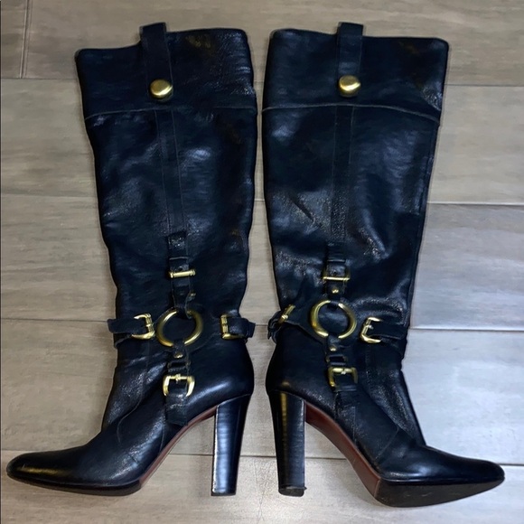 Charles David Shoes - Charles Davis Black Leather Knee-High Boots Gold Harness hardware
